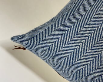 Blue and cream herringbone wool pillow cover |exposed zipper-leather pull 18”20"24"14x24 made with Pendleton wool Handcrafted by misa