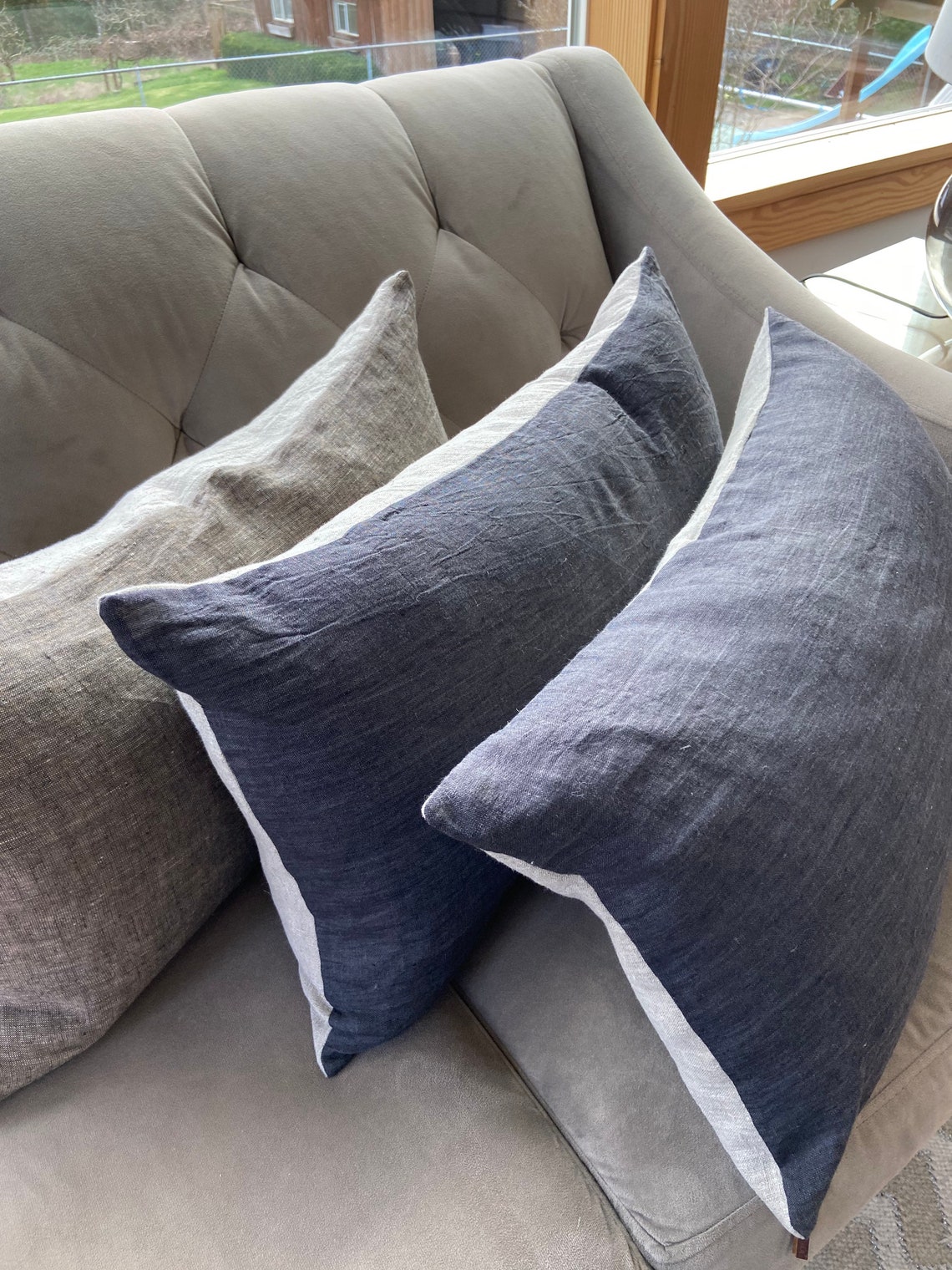 Graphite gray linen lumbar pillow cover exposed zipperleather Etsy