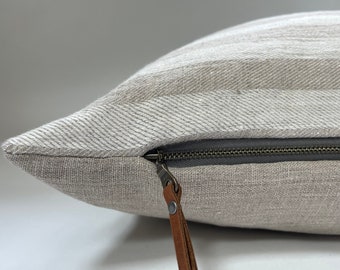 white and tan striped linen pillow cover exposed zipper-leather pull 20x20 22x22 24x24 14x24 high quality 100% linen housewarming gift