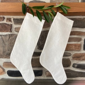 Christmas stocking white linen leather hanging tabs handmade handstiched high quality