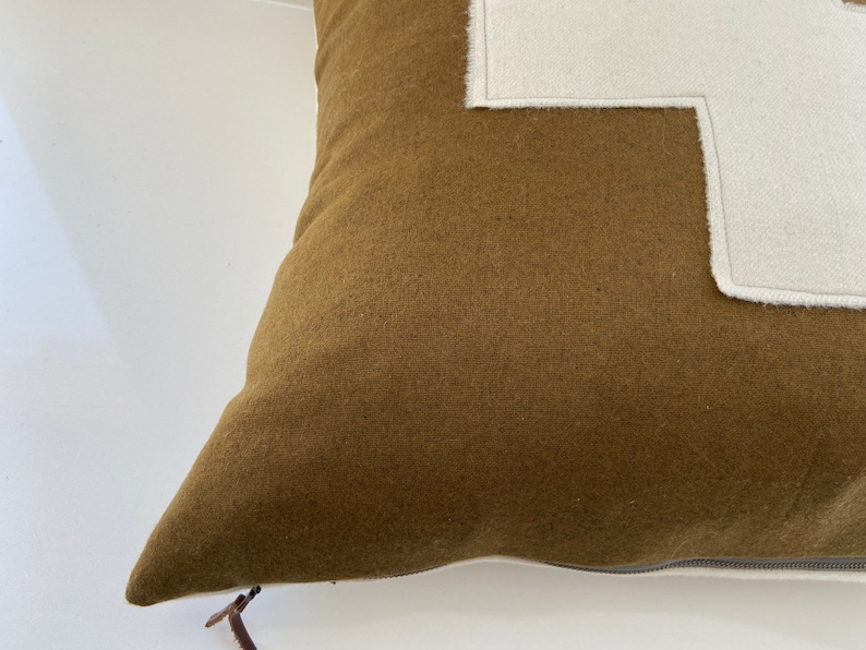exposed zipper-leather pull Swisscross pillow cover 20x20 or 24x14 lumbar made with Pendleton wool army gold with cream cross