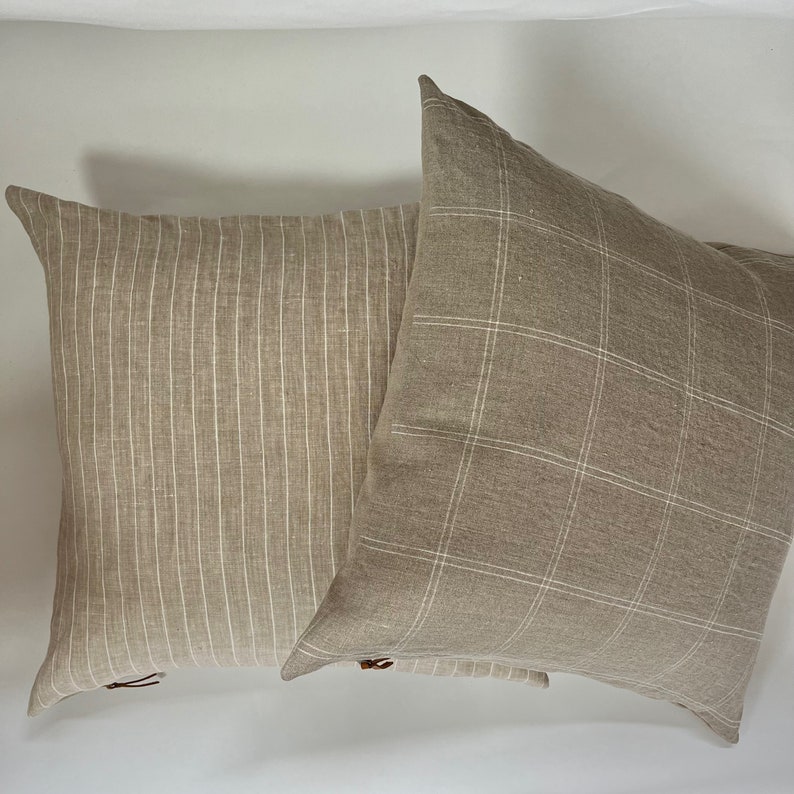 white and tan plaid linen pillow cover exposed zipper-leather pull 20222414x24 high quality 100% linen housewarming gift image 3