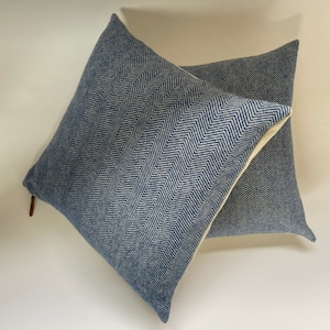 May include: Two blue and white chevron patterned throw pillows with a white border. The pillows are stacked on top of each other.