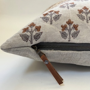 Gray and brown floral linen pillow cover exposed zipper-leather pull  14x24 20”22&quot;24” high quality floral pillow