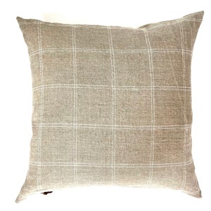 white and tan plaid linen pillow cover exposed zipper-leather pull 20222414x24 high quality 100% linen housewarming gift image 2