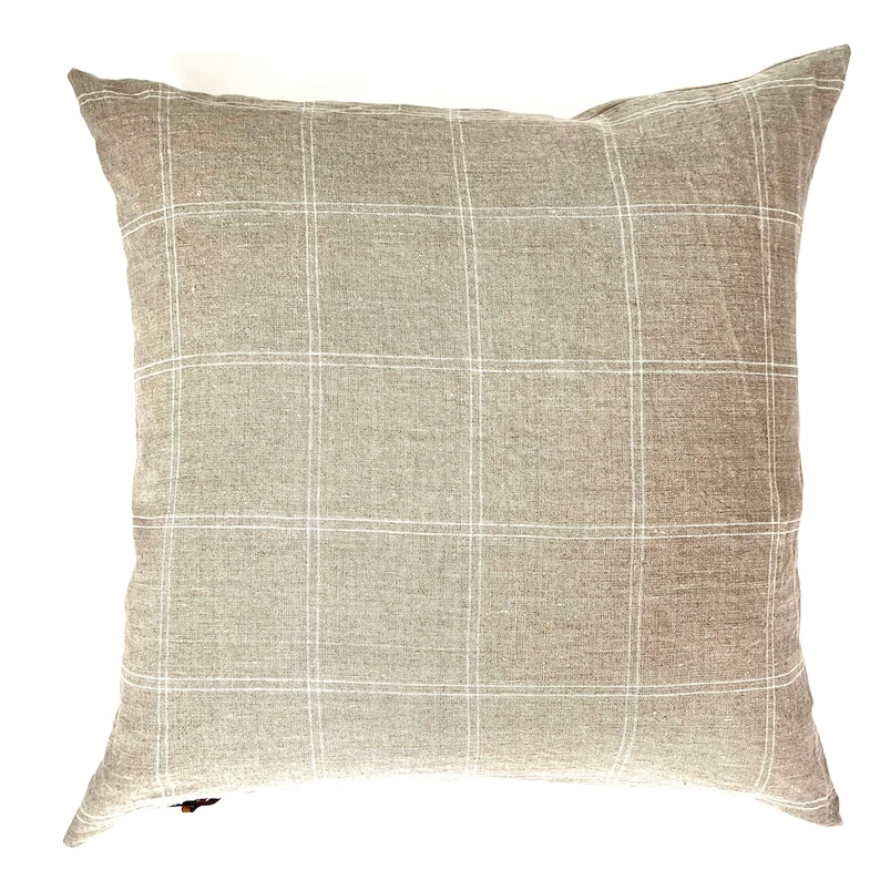 white and tan plaid linen pillow cover exposed zipper-leather pull 20222414x24 high quality 100% linen housewarming gift image 2