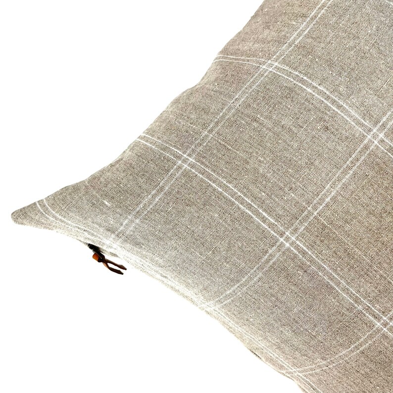 white and tan plaid linen pillow cover exposed zipper-leather pull 20222414x24 high quality 100% linen housewarming gift image 4