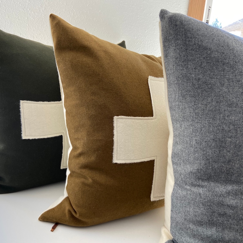 exposed zipper-leather pull Swisscross pillow cover 20x20 or 24x14 lumbar made with Pendleton wool army gold with cream cross