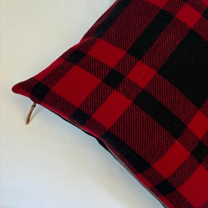 Red and Black plaid pillow cover exposed zipper-leather pull  18” 22” 24”14x24” made with Pendleton wool housewarming gift Christmas pillow