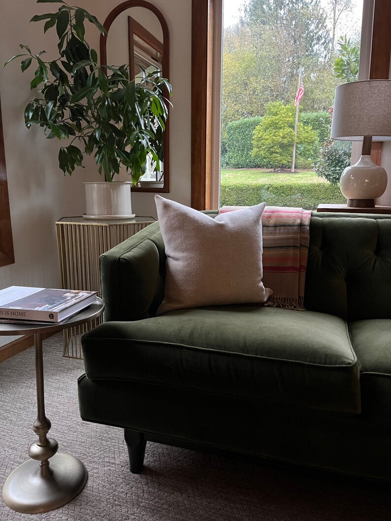 May include: A green velvet sofa with a white pillow and a red and white striped throw blanket. The sofa is in a living room with a plant, a gold side table, and a lamp.