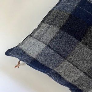 Blue black and gray plaid wool pillow cover exposed zipper-leather pull 24&quot; 20&quot; 22&quot; 14x24&quot;made with Pendleton wool Handcrafted by misa