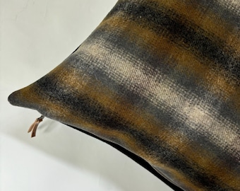 Wool Pillow Cover: Blue and tans Plaid Throw Pillow with Leather Pull