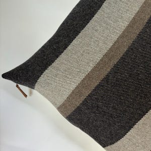 Puede incluir: Una almohada de tiro de rayas negras, marrones y blancas con cierre de cremallera.