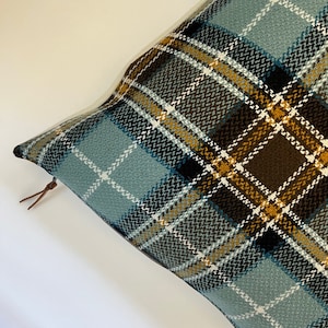 Blue black and gold plaid wool pillow cover exposed zipper-leather pull  24x24&quot;22x22&quot;20x20&quot;14x24&quot; made with Pendleton wool housewarming gift