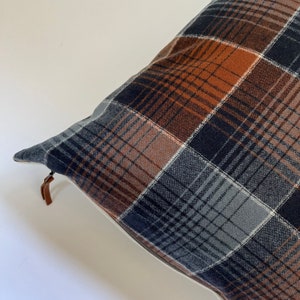Blue and rust cream plaid wool pillow cover exposed zipper-leather pull 24x24 20x20 14x24 made with Pendleton wool Handcrafted by misa