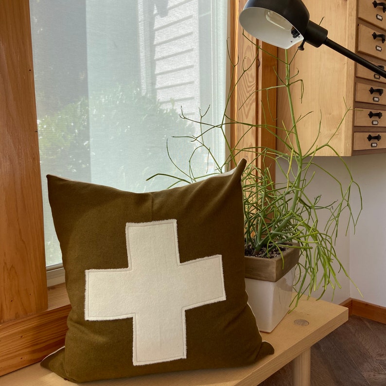 exposed zipper-leather pull Swisscross pillow cover 20x20 or 24x14 lumbar made with Pendleton wool army gold with cream cross