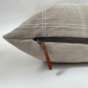 white and tan plaid linen pillow cover exposed zipper-leather pull 20"22"24"14x24 high quality 100% linen housewarming gift