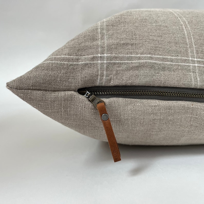 white and tan plaid linen pillow cover exposed zipper-leather pull 20222414x24 high quality 100% linen housewarming gift image 1