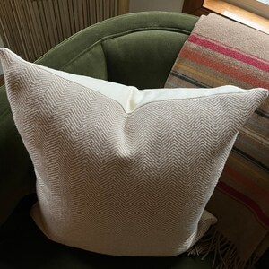 May include: A beige throw pillow with a chevron pattern sits on a green velvet armchair. A brown and red striped throw blanket with fringe hangs over the back of the chair.