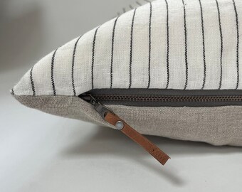 Black and white striped linen pillow neutral pillow exposed zipper linen striped pillow leather pull 24x24”22x22" 20x20” 14x24” 100% linen