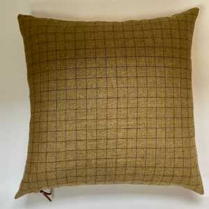 Gold and navy plaid linen pillow cover exposed zipper-leather pull 14x24 20x20 24x24 high quality 100% linen housewarming gift image 3