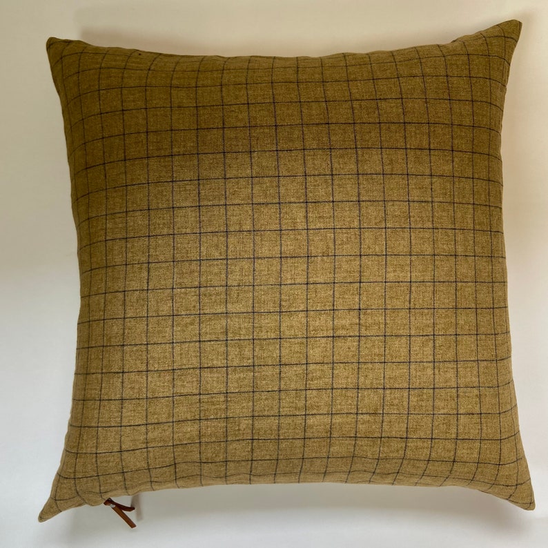 Gold and navy plaid linen pillow cover exposed zipper-leather pull 14x24 20x20 24x24 high quality 100% linen housewarming gift image 3