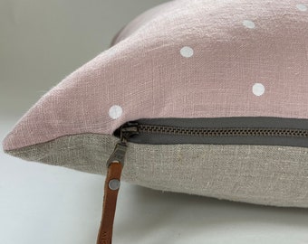 Pink pillow linen polka dot pillow girls pillow linen pillow linen backing exposed zipper-leather pull 20”22"24"14x24” housewarming