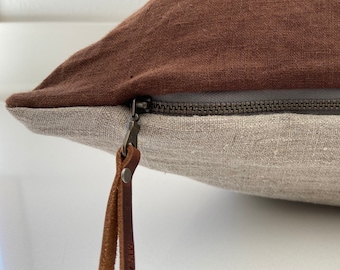 Linen pillow cover brown pillow with natural linen backing made with exposed zipper and leather pull 20” 22"24"14x24” housewarming gift