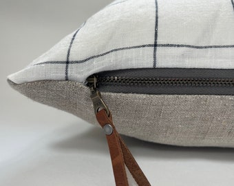 White and navy checked linen pillow cover white linen exposed zipper 18”20”22” 24” 24x24 housewarming gift 100% linen