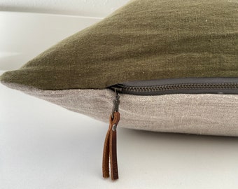 Luxus olivgrüner Leinen Kissenbezug mit neutralem Leinenrücken | sichtbarer 50cm Reissverschluss-Anhänger aus echtem Leder 50cm/22&quot;24&quot; 14x24&quot;