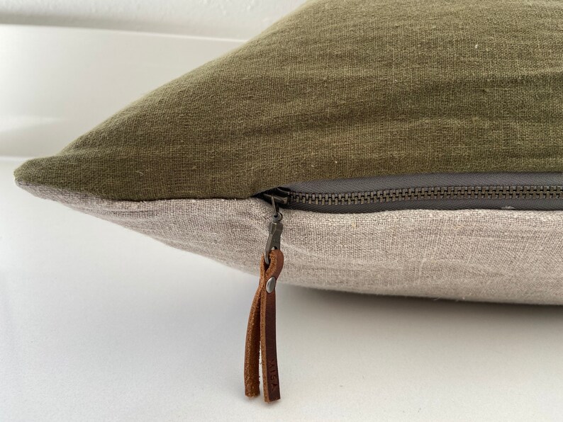 Luxury Olive Green Linen Pillow Cover With Neutral Linen Etsy