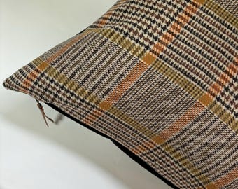 Wool Plaid Pillow cover: Orange, Black & Cream, Exposed Zipper