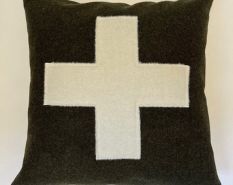 Swisscross pillow cover army green with cream swisscross exposed zipper-leather pull 20x20 or 24x14 lumbar made with Pendleton wool