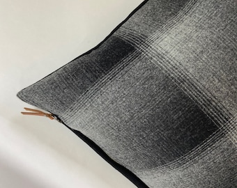 Black and white plaid wool pillow cover exposed zipper-leather pull 24"20" handmade  housewarming gift