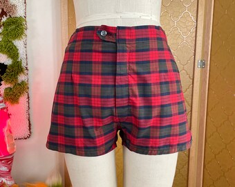 Vintage 50s algodón rojo cuadros malla forrada pantalones cortos de baño 2" entrepierna con cierre de botón de cremallera de metal sz M - L / 31" - 33" cintura