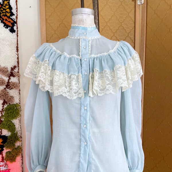 Vintage 70s Gunne Sax Pale Blue Sheer Voile Cotton Lace Ruffle Puff Sleeve Blouse Jessica's Gunnies sz S - M