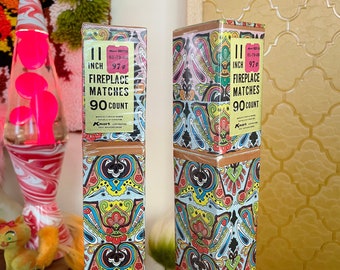 Vintage 60s Sealed 2 Boxes 11 Inch Fireplace Long Reach Matches In Groovy Psychedelic Printed Box - 180 Count