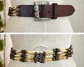 Vintage Boho Statement Wide Leather Belt Wood Bead Silver Adjustable Festival Michael Kors Vintage Boho Wood Bead Macrame Statement Waist  main image 2