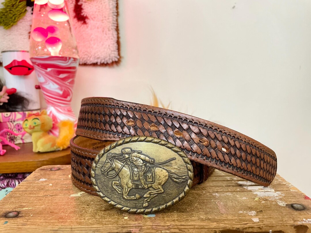 Vintage 90\'s Nocona Western Belt 36 Womens Brown Tooled Basketweave Gold Buckle Women main image 3