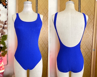 Vintage 90s Jantzen Scrunch Texture Electric Blue Backless Swimsuit sz M