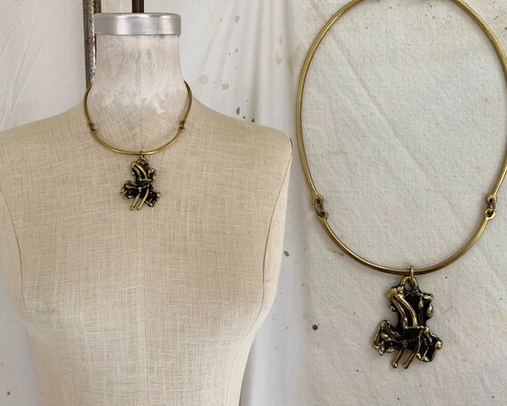 Vintage 1970s Brass Organic Brutalist Pendant Neck
