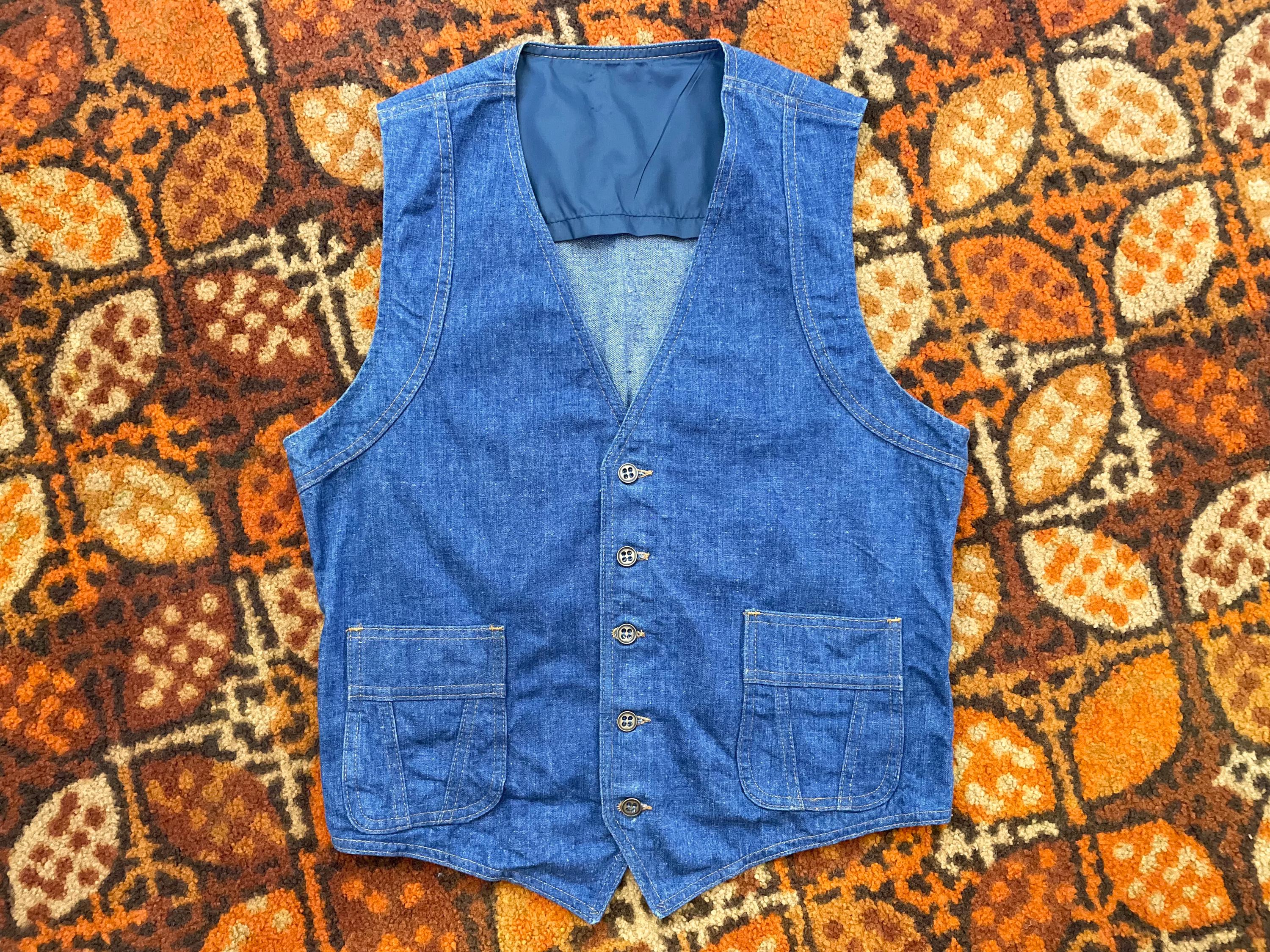 お見舞い Vest Denim Blue Western Lee 70s Vintage W/ Seams Panel Nice トップス