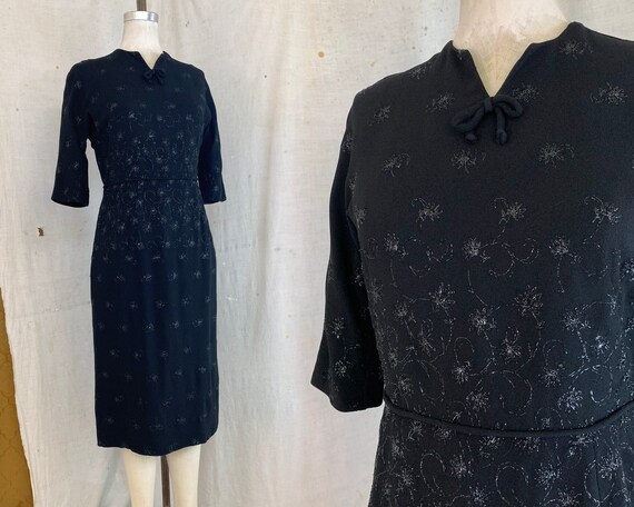 Vintage 1940s Lurex Floral Embroidered Black Rayo… - image 1