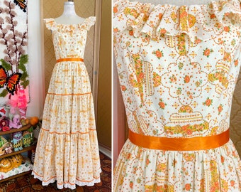 Vintage 70s Handmade Orange Blossom Floral Patchwork Print Cottagecore Prairie Tiered Skirt Maxi Dress sz S - M