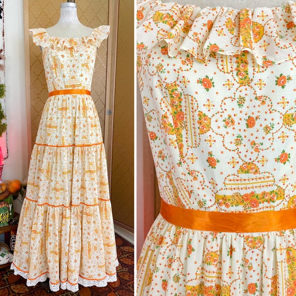 Vintage 70s Handmade Orange Blossom Floral Patchwork Print Cottagecore Prairie Tiered Skirt Maxi Dress sz S - M