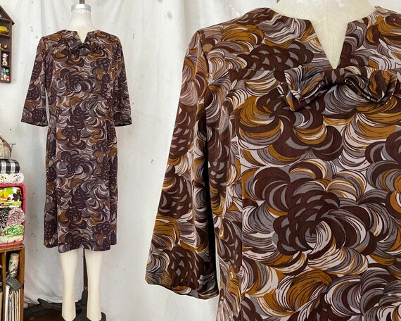 Vintage 1960s Op Art Swirl Print Bow Front Dress … - image 1