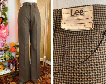 Vintage 70s Lee Riders Brown & Black Houndstooth Deadstock Slim Bootcut Pants sz 30" Waist x 34" Inseam