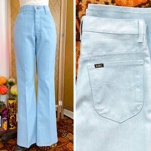 Vintage 70s Lee Riders Powder Blue Slim Bootcut Pants sz 29&quot; Waist x 34&quot; Inseam