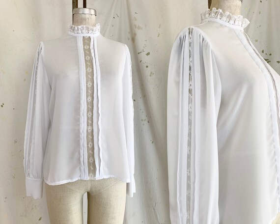 Vintage 1970s Sheer Lace Panel White Chiffon Blous