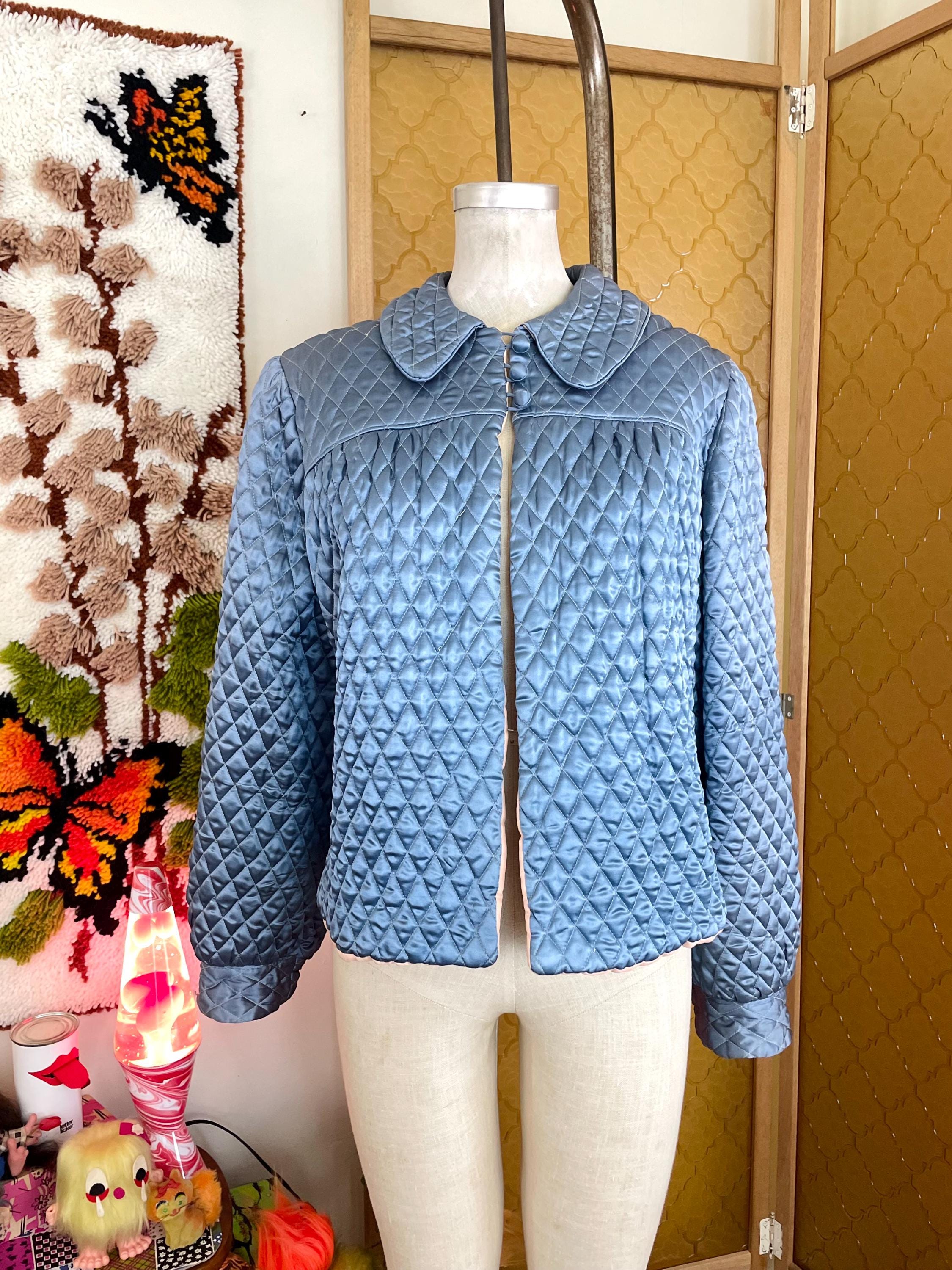 True Blue Satin Bed Jacket-1980s Vintage Embellished